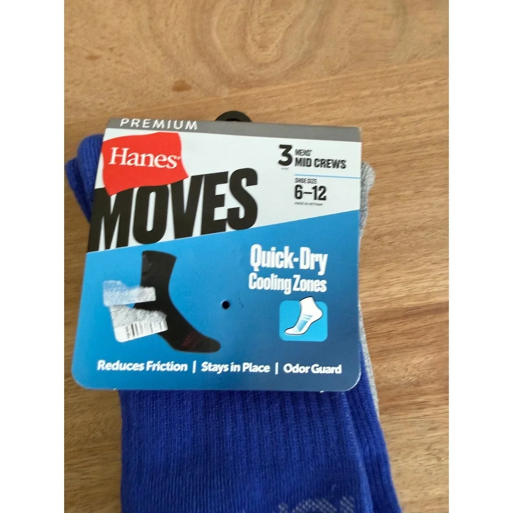 Hanes Premium Moves Mens Mid Crew Socks 3 Pack Blue Grey Black Size 6-12 PMMV84